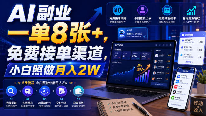 AI副业一单8张+，免费接单渠道，小白照做月入2W【揭秘】-985网创