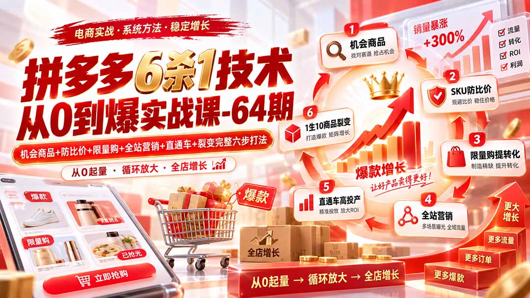 拼多多6杀1技术从0到爆实战课-64期：机会商品+防比价+限量购+全站营销+直通车+裂变完整六步打法-985网创