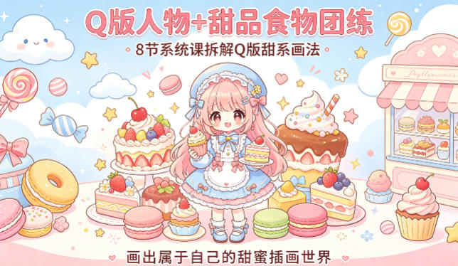 Q版人物+甜品食物团练，8节系统课拆解Q版甜系画法，画出属于自己的甜蜜插画世界-985网创