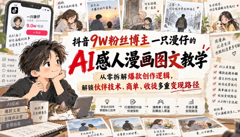 抖音9W粉丝博主一只漫仔的AI感人漫画图文教学，从零拆解爆款创作逻辑，解锁伙伴技术、商单、收徒多重变现路径-985网创