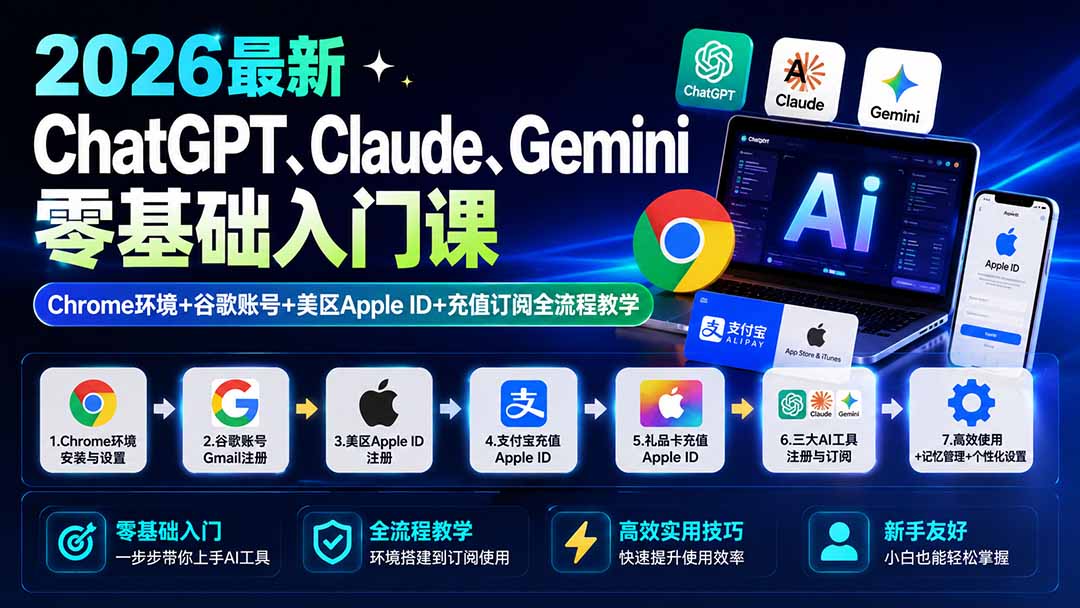 2026最新ChatGPT、Claude、Gemini零基础入门课：Chrome环境+谷歌账号+美区Apple ID+充值订阅全流程教学-985网创