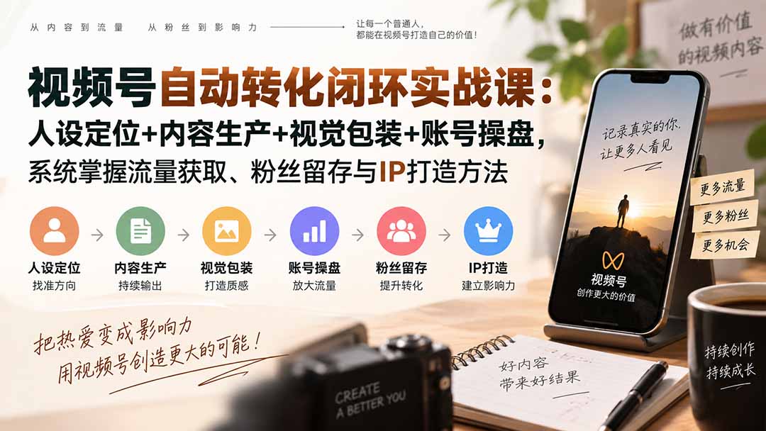 视频号自动转化闭环实战课：人设定位+内容生产+视觉包装+账号操盘，系统掌握流量获取、粉丝留存与IP打造方法-985网创