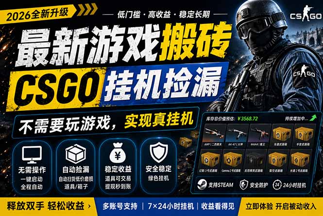 最新游戏搬砖，CSGO纯挂机，不需要玩游戏，实现真挂机，月入1W+，五一小高峰上车可吃肉，...-985网创