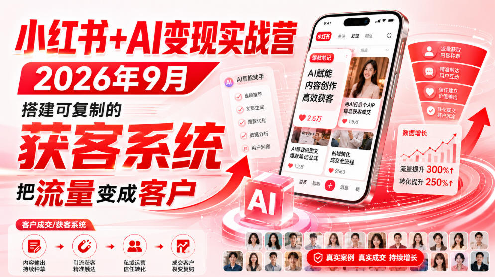 小红书+AI变现实战营2026年9月，搭建可复制的获客系统，把流量变成客户！-985网创