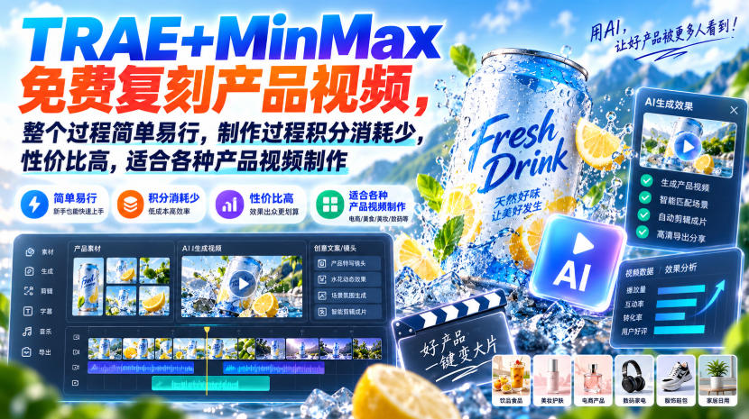 TRAE+MinMax免费复刻产品视频，整个过程简单易行，制作过程积分消耗少，性价比高，适合各种产品视频制作-985网创