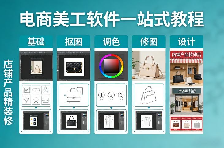 电商美工软件一站式教程，基础/抠图/调色/修图/设计，店铺产品精装修-985网创