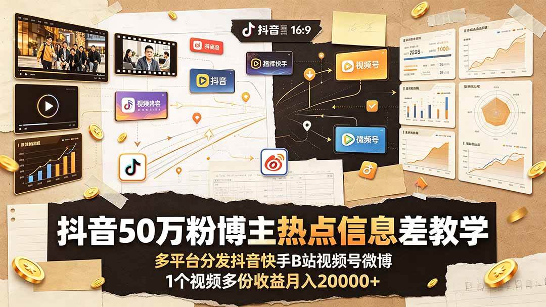 （19145期）抖音50万粉博主热点信息差教学：多平台分发抖音快手B站视频号微博，1个视频多份收益月入20000+-985网创