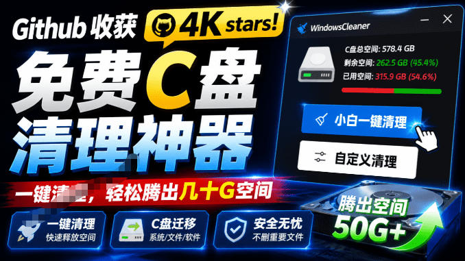 Github收获4K stars！免费C盘清理神器，轻松腾出几十G空间，支持C盘迁移Windows Cleaner-985网创