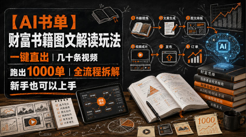 【AI书单】财富书籍图文解读玩法，一键直出，几十条视频，跑出1000单，全流程拆解，新手也可以上手-985网创