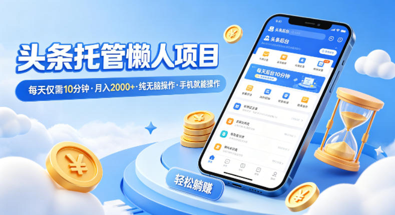 头条托管懒人项目，每天仅需10分钟，月入2000+，纯无脑操作，手机就能操作【揭秘】-985网创