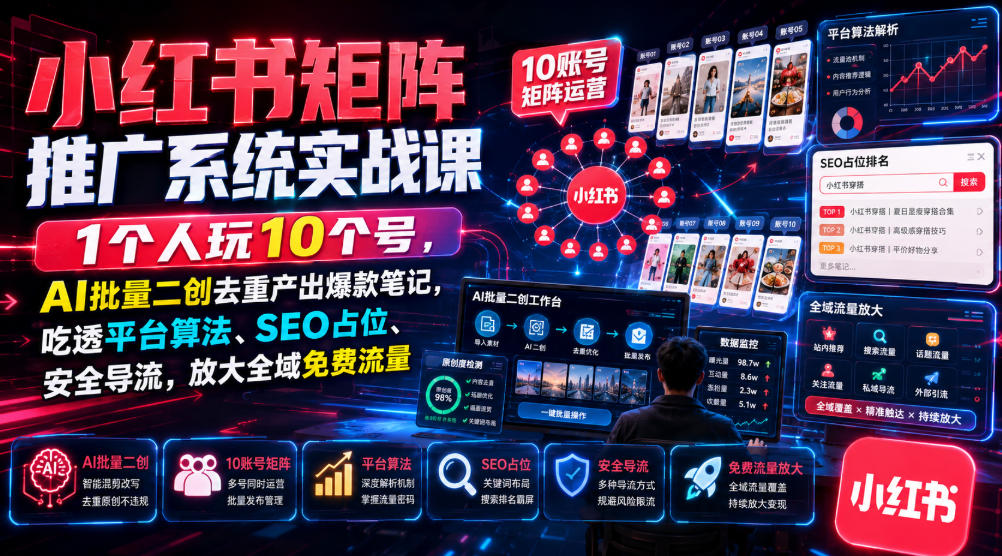 小红书矩阵推广系统实战课｜1个人玩10个号，AI批量二创去重产出爆款笔记，吃透平台算法、SEO占位、安全导流，放大全域免费流量-985网创