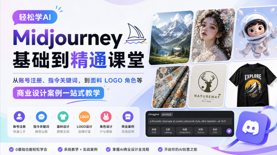 轻松学AI Midjourney基础到精通课堂，从账号注册、指令关键词，到面料LOGO角色等商业设计案例一站式教学-985网创