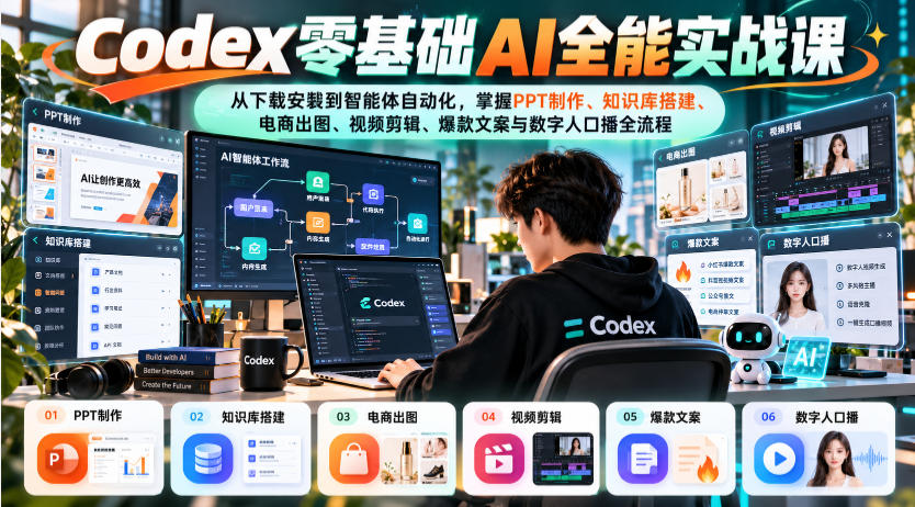 Codex零基础AI全能实战课：从下载安装到智能体自动化，掌握知识库搭建、电商出图、视频剪辑、爆款文案与数字人口播全流程-985网创