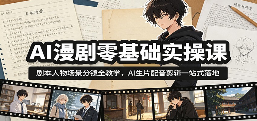 AI漫剧零基础实操课：剧本人物场景分镜全教学，AI生片配音剪辑一站式落地-985网创