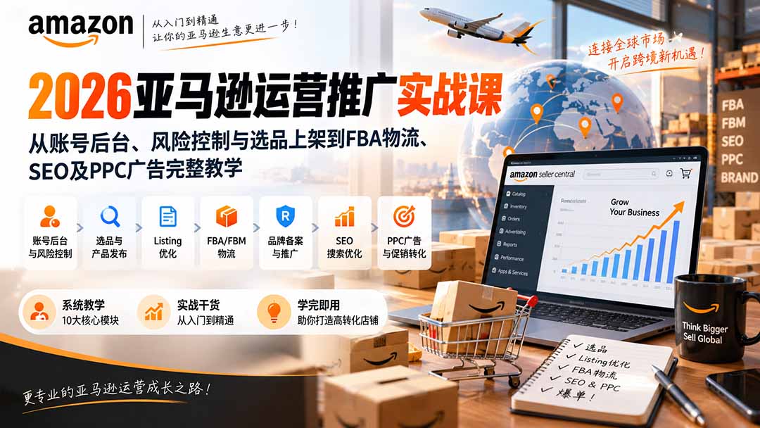 2026亚马逊运营推广实战课：从账号后台、风险控制与选品上架到FBA物流、SEO及PPC广告完整教学-985网创