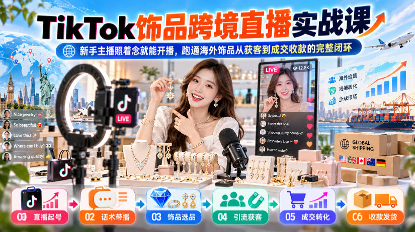 TikTok饰品跨境直播实战课，新手主播照着念就能开播，跑通海外饰品从获客到成交收款的完整闭环-985网创