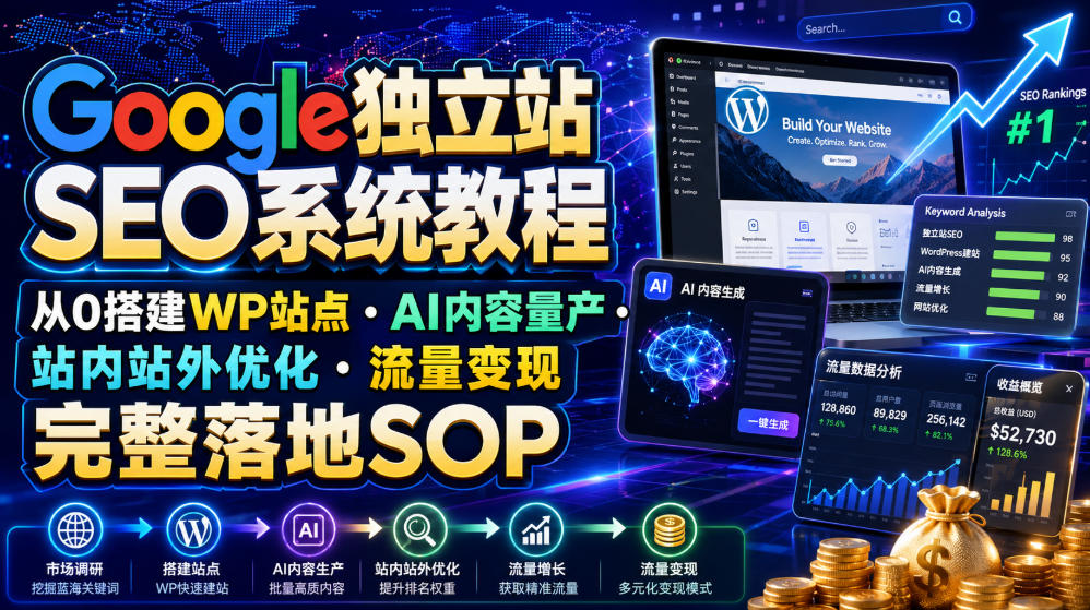 Google独立站SEO系统教程，从0搭建WP站点・AI内容量产・站内站外优化・流量变现完整落地SOP（2026年7月）-985网创