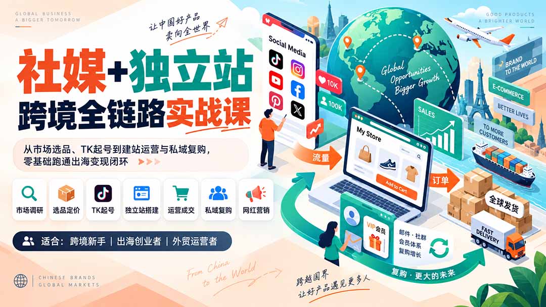 社媒+独立站跨境全链路实战课：从市场选品、TK起号到建站运营与私域复购，零基础跑通出海变现闭环-985网创