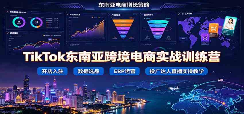 TikTok东南亚跨境电商实战训练营：开店入驻数据选品ERP运营，投广达人直播实操教学-985网创