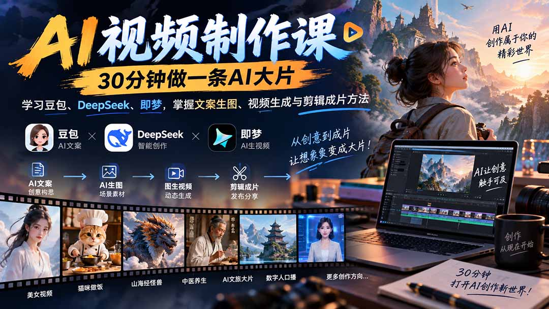 AI视频制作课-30分钟做一条AI大片：学习豆包、DeepSeek、即梦，掌握文案生图、视频生成与剪辑成片方法-985网创