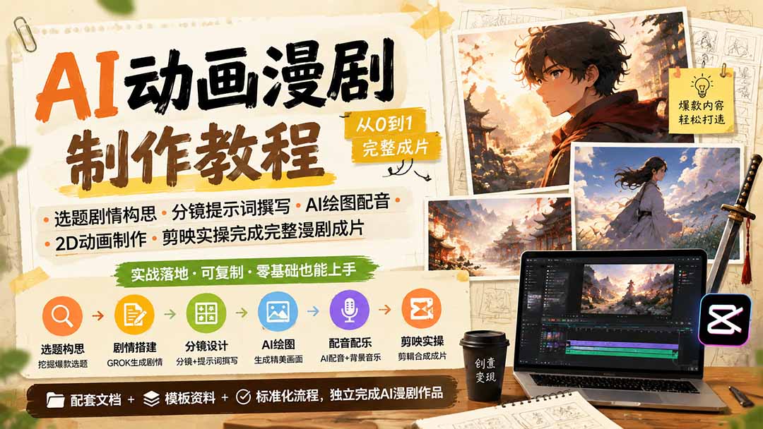 AI动画漫剧制作教程｜选题剧情构思·分镜提示词撰写·AI绘图配音·2D动画制作·剪映实操完成完整漫剧成片-985网创