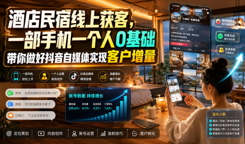 酒店民宿线上获客，一部手机一个人0基础带你做好抖音自媒体实现客户增量-985网创