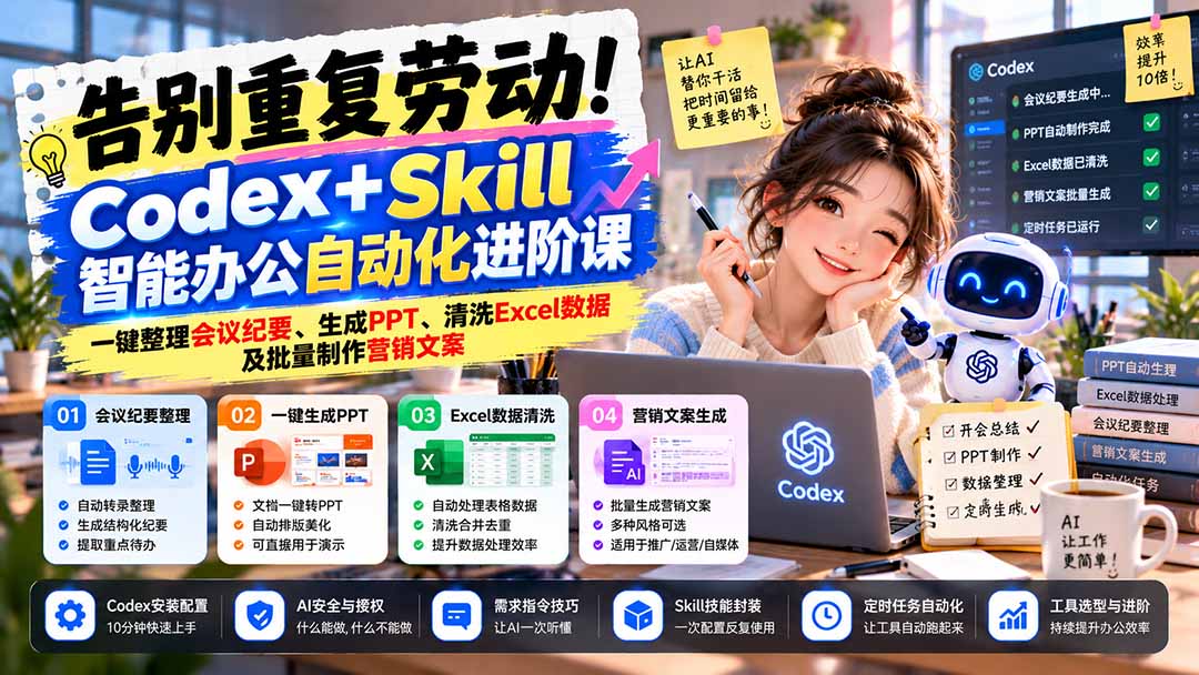 告别重复劳动！Codex+Skill智能办公自动化进阶课：一键整理会议纪要、生成PPT、清洗Excel数据及批量制作营销文案-985网创