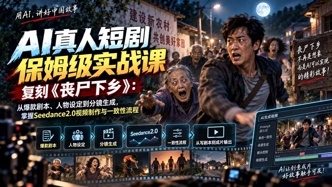 AI真人短剧保姆级实战课，复刻《丧尸下乡》：从爆款剧本、人物设定到分镜生成，掌握Seedance2.0视频制作与一致性流程-985网创