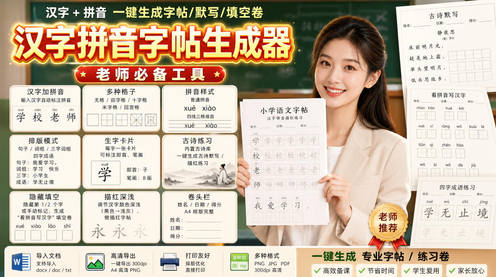 学习神器，汉字拼音字帖生成器，汉字+拼音 一键生成字帖/默写/填空卷，支持词组、成语，老师、家长必备-985网创