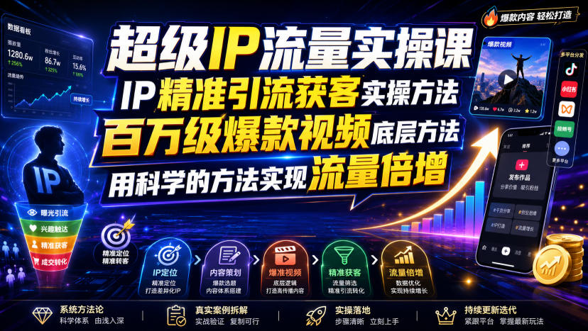 超级IP流量实操课，IP精准引流获客实操方法，百万级爆款视频底层方法，用科学的方法实现流量倍增-985网创