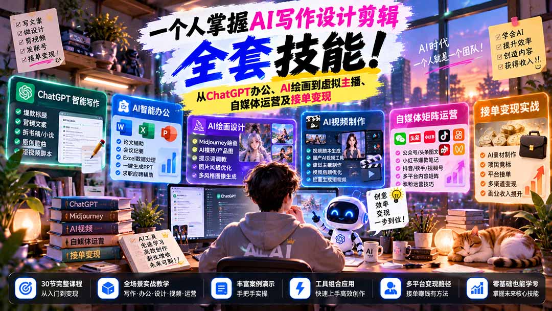 一个人掌握AI写作设计剪辑全套技能：从ChatGPT办公、AI绘画到虚拟主播、自媒体运营及接单变现-985网创