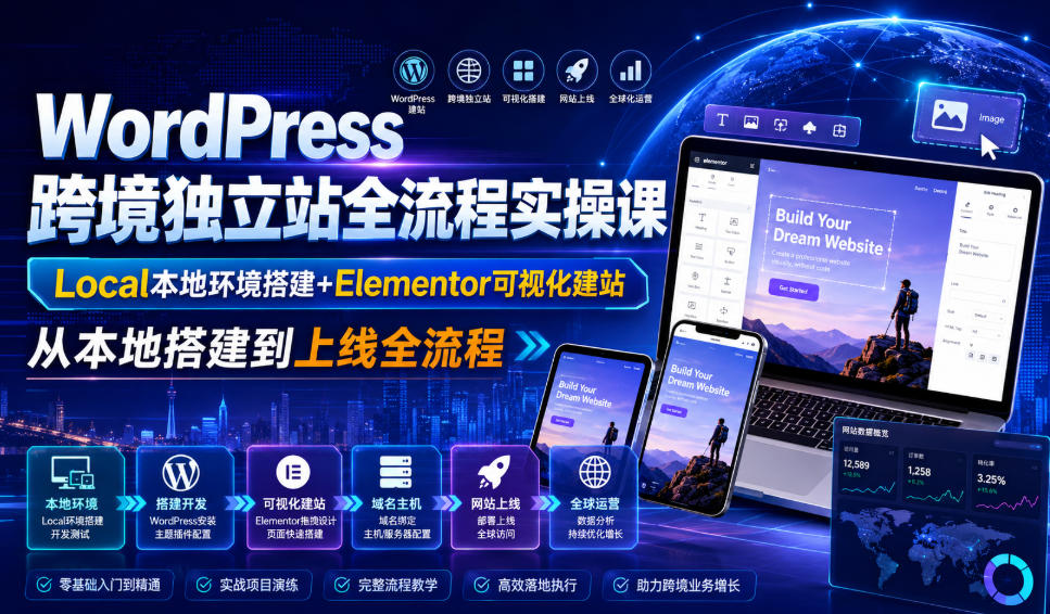 WordPress跨境独立站全流程实操课｜Local本地环境搭建+Elementor可视化建站，从本地搭建到上线全流程-985网创