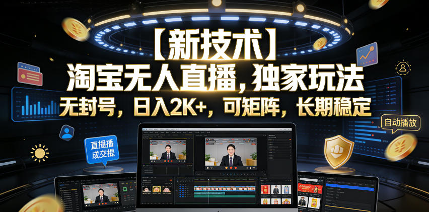 【新技术】淘宝无人直播，独家玩法，无封号，日入2K+，可矩阵，长期稳定【揭秘】-985网创