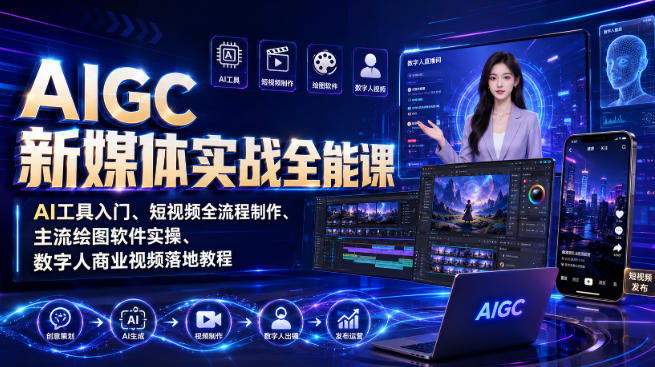 AIGC新媒体实战全能课｜AI工具入门、短视频全流程制作、主流绘图软件实操、数字人商业视频落地教程-985网创