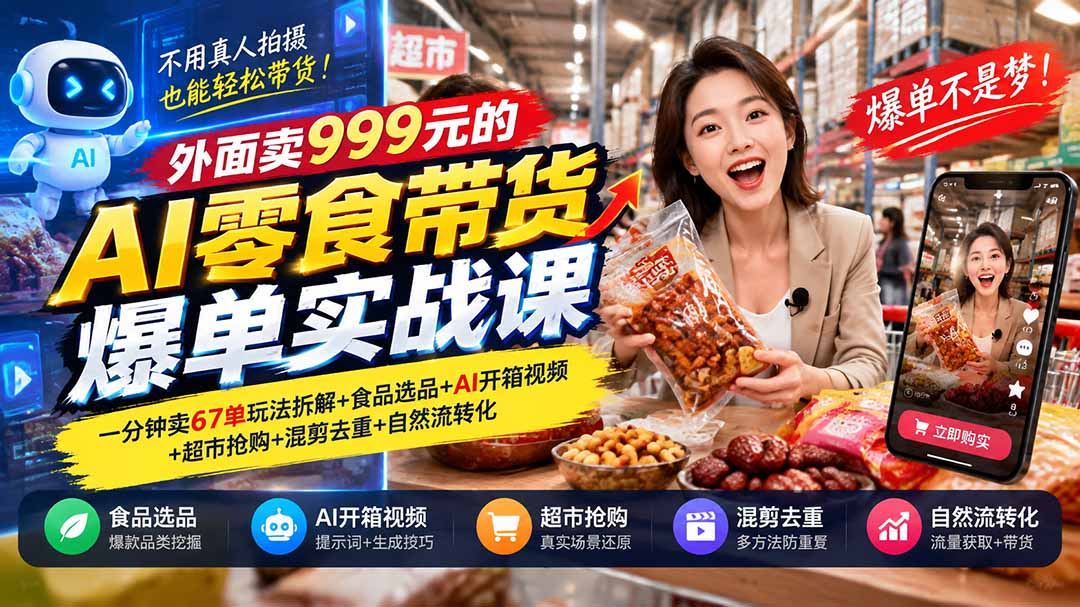 外面卖999元的AI零食带货爆单实战课｜一分钟卖67单玩法拆解+食品选品+AI开箱视频+超市抢购+混剪去重+自然流转化-985网创