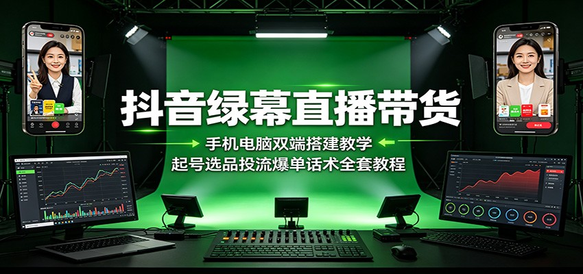 抖音绿幕直播带货：手机电脑双端搭建教学，起号选品投流爆单话术全套教程-985网创