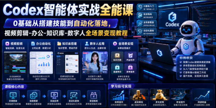 Codex智能体实战全能课｜0基础从搭建技能到自动化落地，视频剪辑-办公-知识库-数字人全场景变现教程-985网创