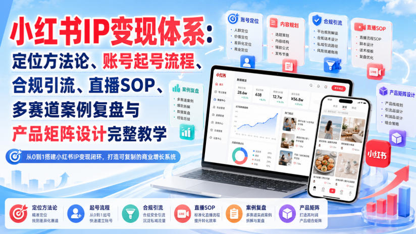 小红书IP变现体系：定位方法论、账号起号流程、合规引流、直播SOP、多赛道案例复盘与产品矩阵设计完整教学-985网创