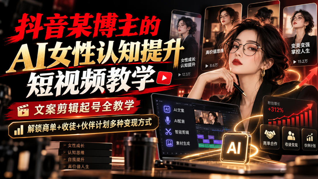抖音某博主的Ai女性认知提升短视频教学，文案剪辑起号全教学，解锁商单+收徒+伙伴计划多种变现方式-985网创