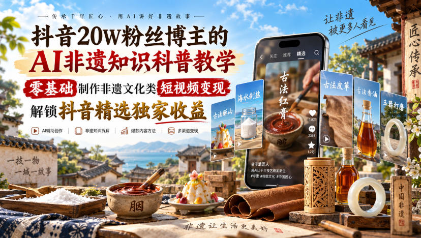 抖音20W粉丝博主的AI非遗知识科普教学，零基础制作非遗文化类短视频变现，解锁抖音精选独家收益-985网创