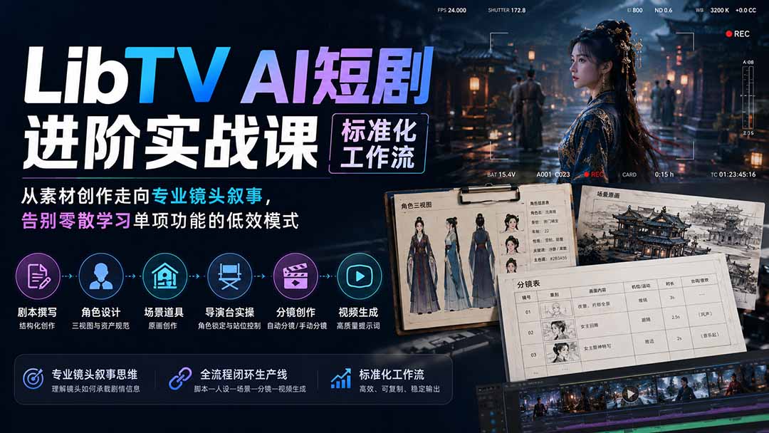 LibTV AI短剧进阶实操课标准化工作流；从素材创作走向专业镜头叙事，告别零散学习单项功能的低效模式-985网创