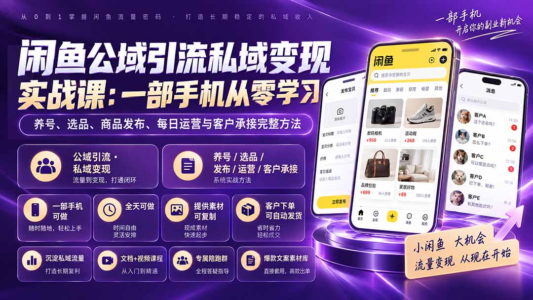 闲鱼公域引流私域变现实战课：一部手机从零学习养号、选品、商品发布、每日运营与客户承接完整方法-985网创