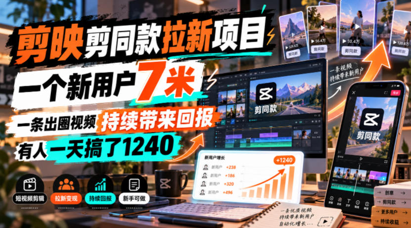 剪映剪同款拉新项目，一个新用户7米，一条出圈视频持续带来回报，有人一天搞了1240-985网创