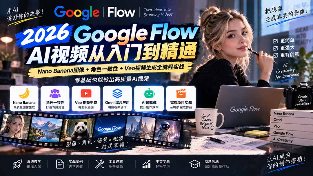 【无水印】Google Flow AI视频从入门到精通：Nano Banana图像+角色一致性+Veo视频生成全流程实战-精翻中英字幕-985网创