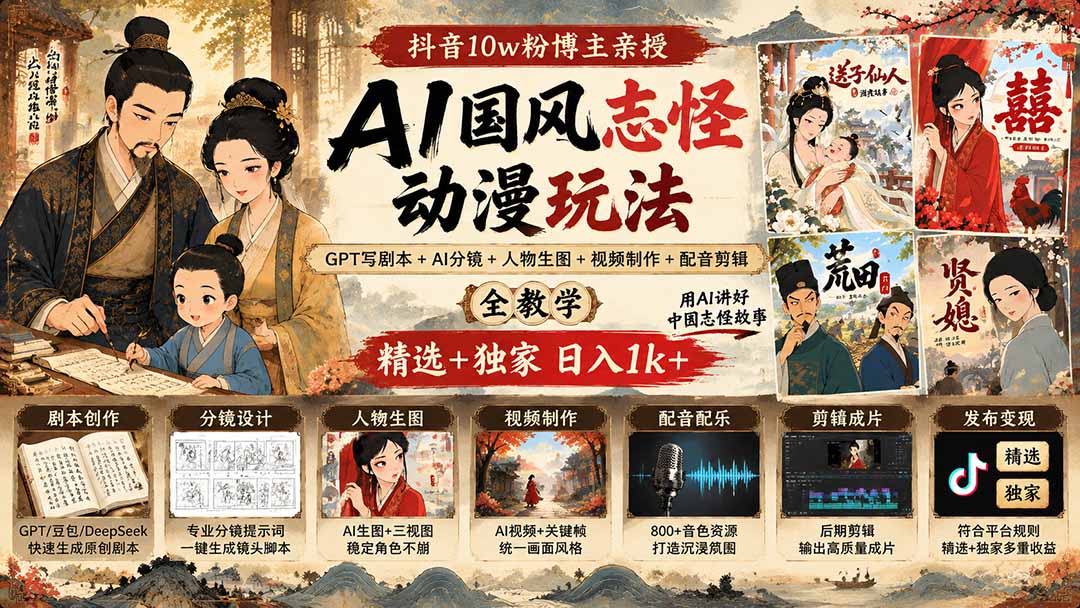 抖音10w粉博主亲授AI国风志怪动漫玩法｜GPT写剧本+AI分镜+人物生图+视频制作+配音剪辑全教学｜精选+独家日入1k+-985网创