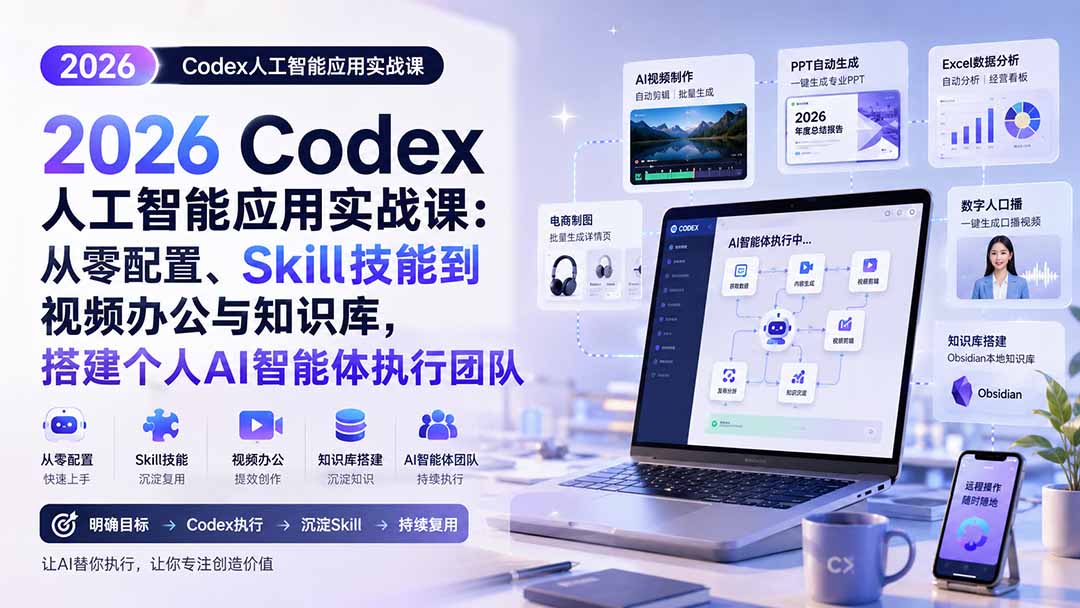 2026 Codex人工智能应用实战课：从零配置、Skill技能到视频办公与知识库，搭建个人AI智能体执行团队-985网创