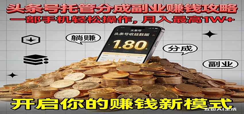 全程托管今日头条，一部手机就可以开干，最高躺赚1W+-985网创