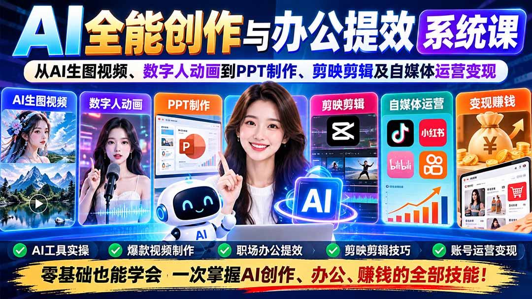 AI全能创作与办公提效系统课：从AI生图视频、数字人动画到PPT制作、剪映剪辑及自媒体运营变现-985网创