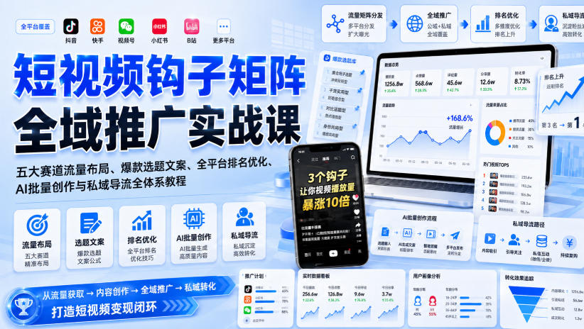 短视频钩子矩阵全域推广实战课｜五大赛道流量布局、爆款选题文案、全平台排名优化、AI批量创作与私域导流全体系教程-985网创