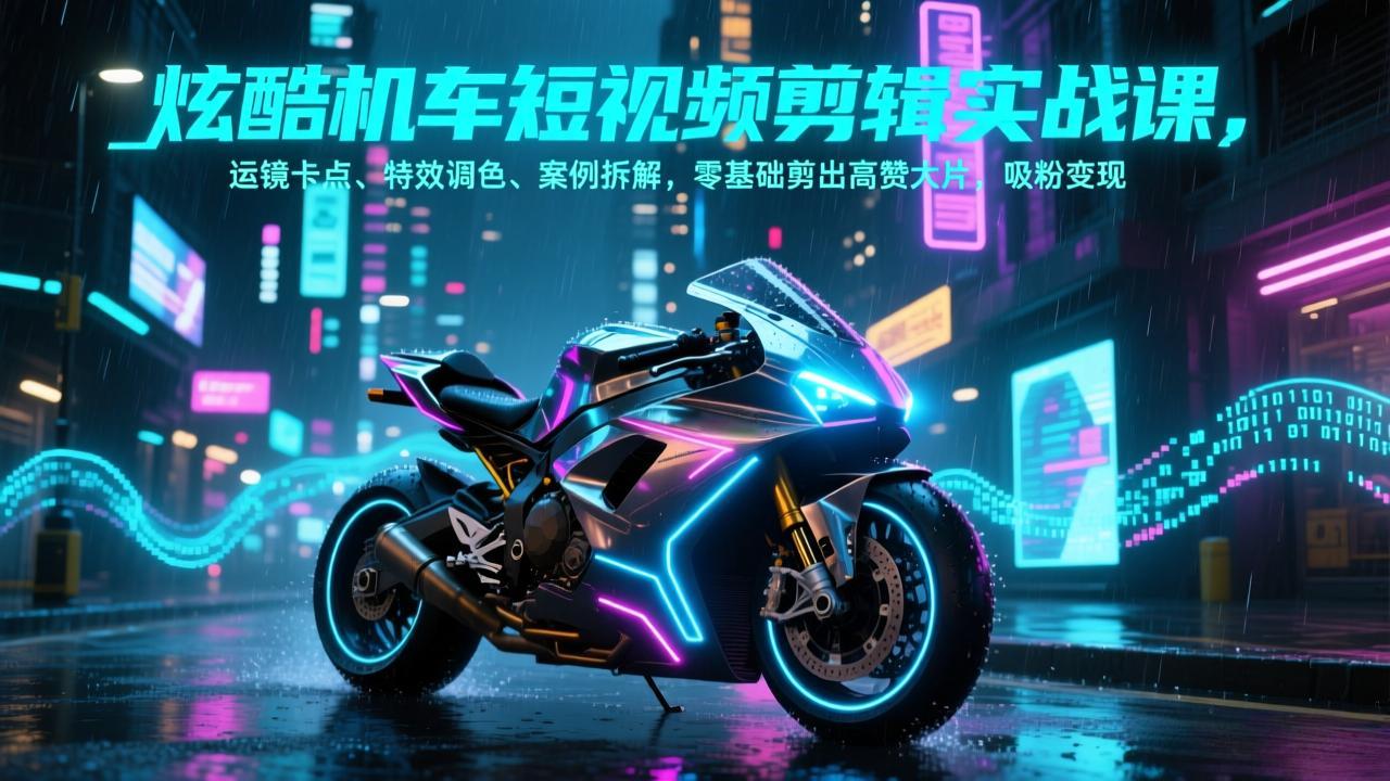 炫酷机车短视频剪辑实战课，运镜卡点、特效调色、案例拆解，零基础剪出高赞大片，吸粉变现-985网创